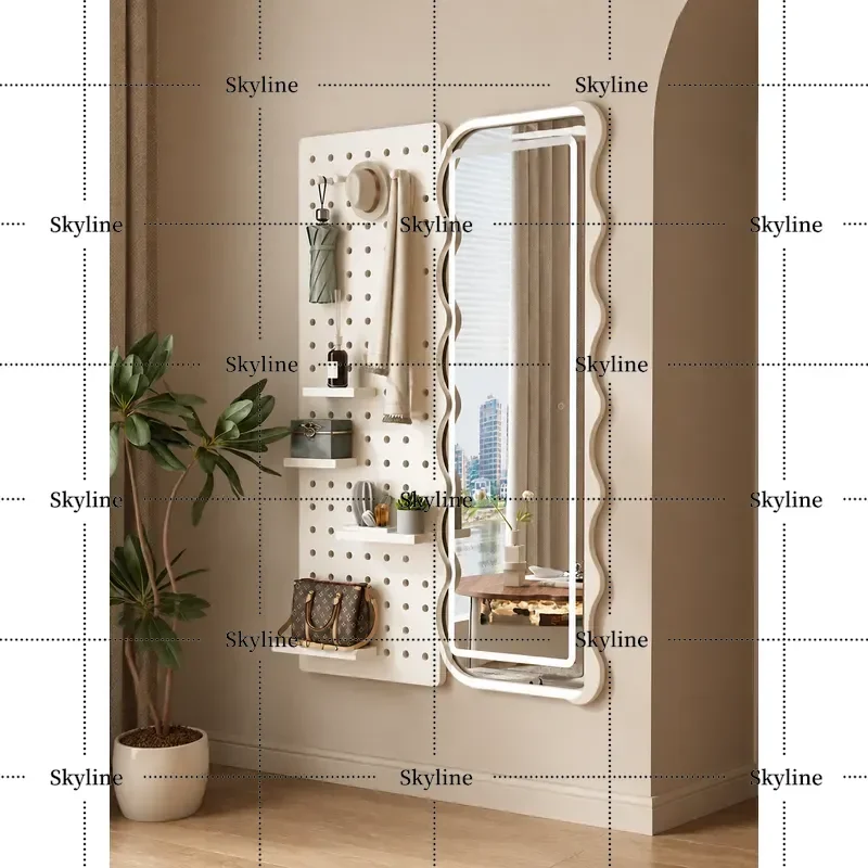 for Cream Wind Dressing Mirror Hole Board Integrated Living Room Bedroom Fitting Mirror Wall Hanging Solid Wood Full Body