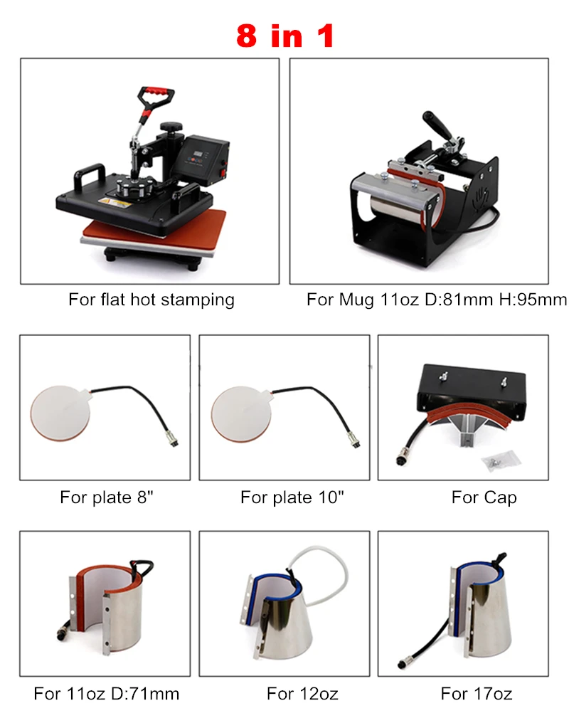 8 in 1 Combo Sublimation Printer Heat Transfer Heat Press Machine For DIY Cap Mug Plate T Shirts Bottle Phone case CE Approved