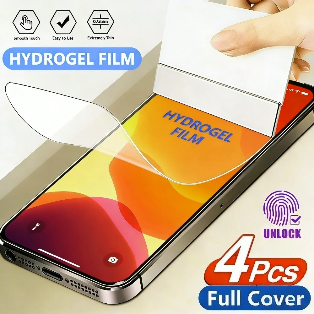 

Комплект из 4 высокопрозрачных гидрогелевых пленок для iPhone 17, 16, 15, 14 Pro Max, Air 17e, 16e, 15, 14 Plus, 13, 12, 11 Pro – Защита экрана от царапин