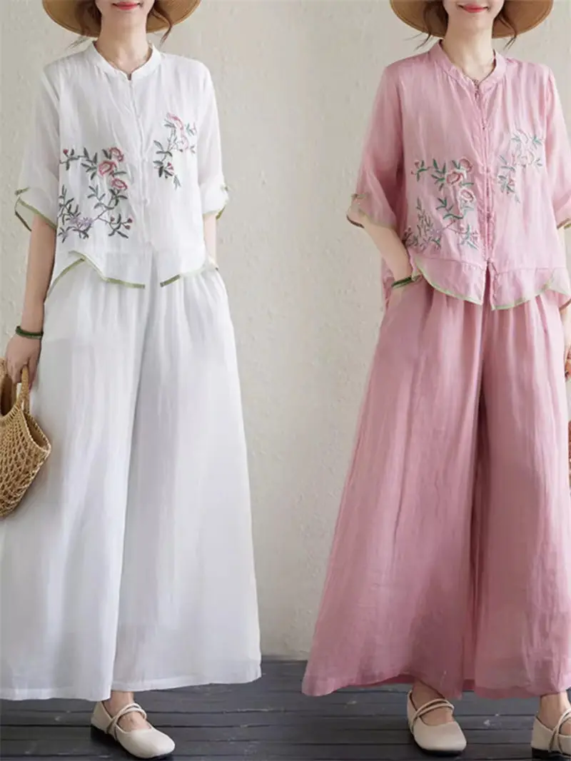 2024 Summer Retro New Chinese Linen Set Women 2 Pieces Embroidered Stand Neck Zen Button Shirt Wide Leg Pants Outfits K1343