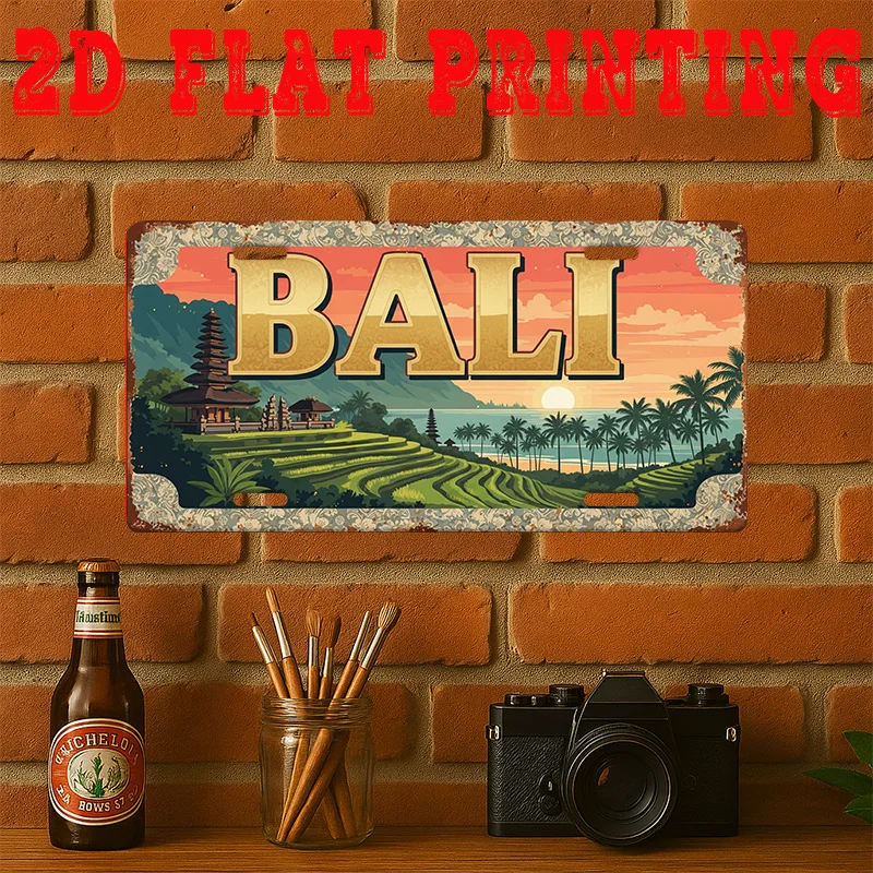 2D Flat - 1pc Vintage Metal Tin Sign | 2D Flat Printed Bali Sign, Rice Field Temple, Tropical Home Decor, Garden Decoration, Sea