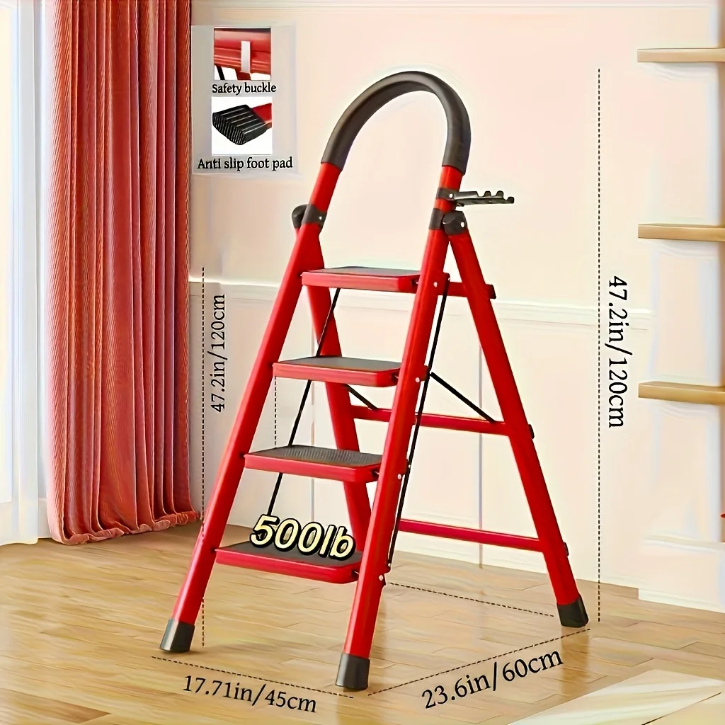 Escalera Plegable de 3/4 Peldaños, Escalera Doméstica de Seguridad Antideslizante de Alta Resistencia de 500 LB con Asa