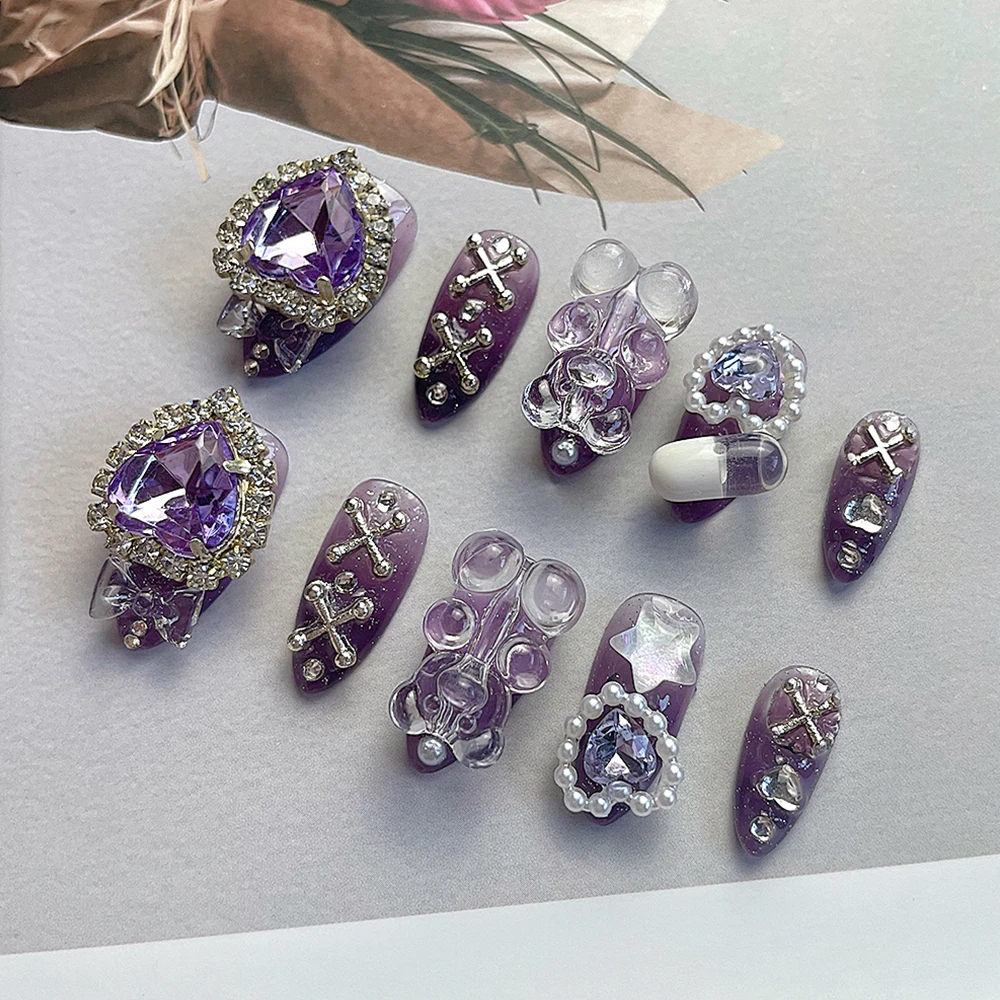 Y2K Spicy Girl Purple Almonds Handmade Press On Nails Kawaii Gradients Diy Pearl Bear Full Cover Nail Art Zircon Ring Nails Suit