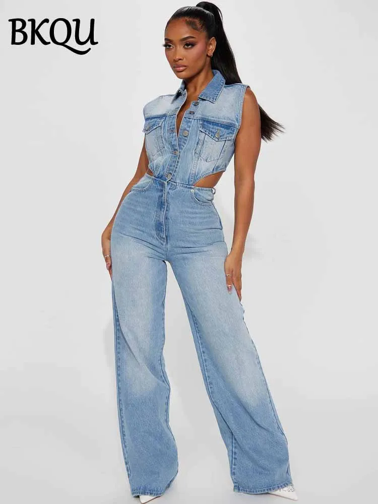 BKQU بذلة نسائية من قماش الدنيم مفرغة قابلة للتمدد قطعة واحدة بدون أكمام بأزرار واسعة الساق رومبير 2025 أزياء سيدة عالية الشارع #1