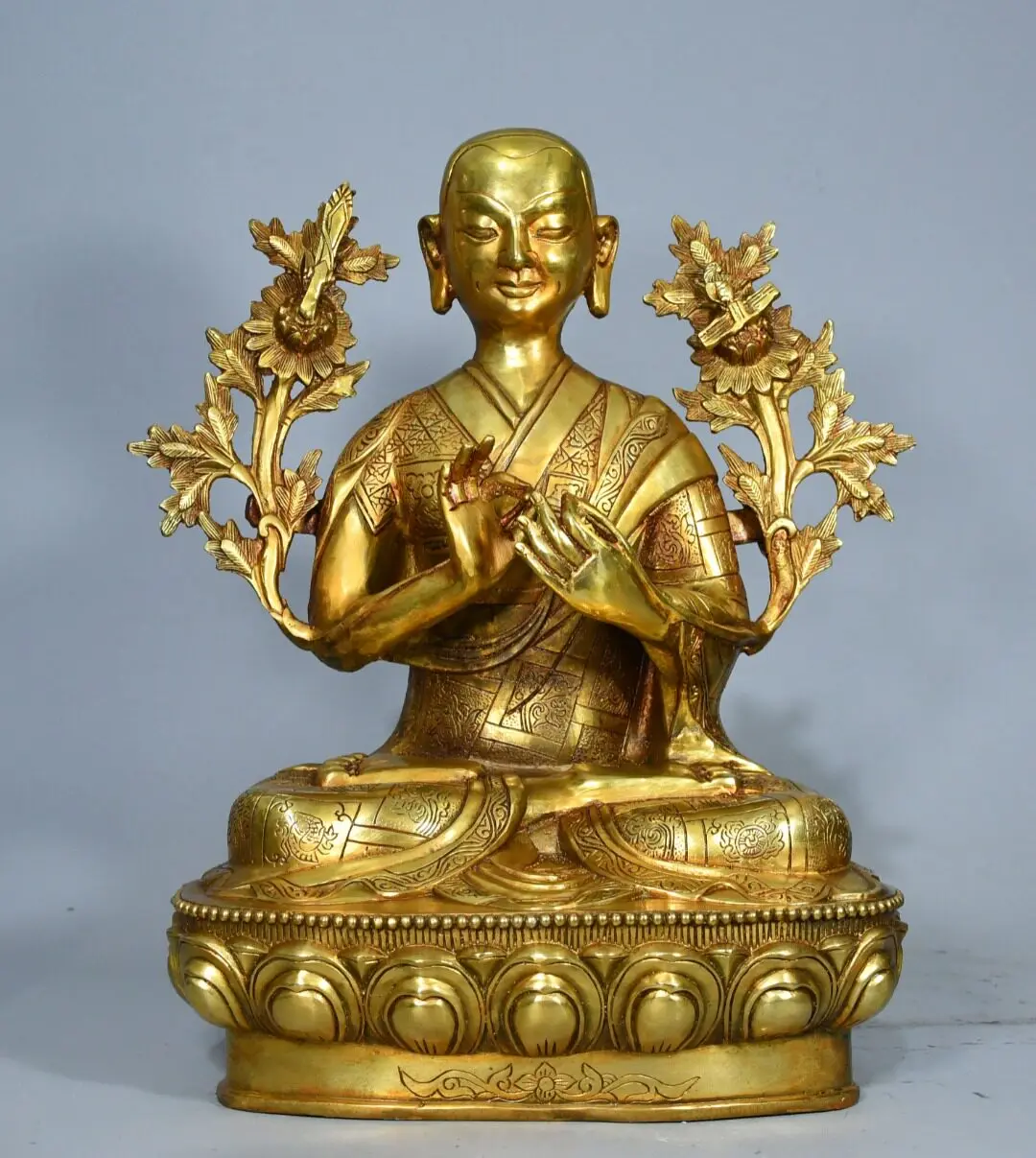 Tibetan brass gilt antique Zong Kaba Five Patriarchs Buddha statue ornament Home Hall incense case supplies 36 cm