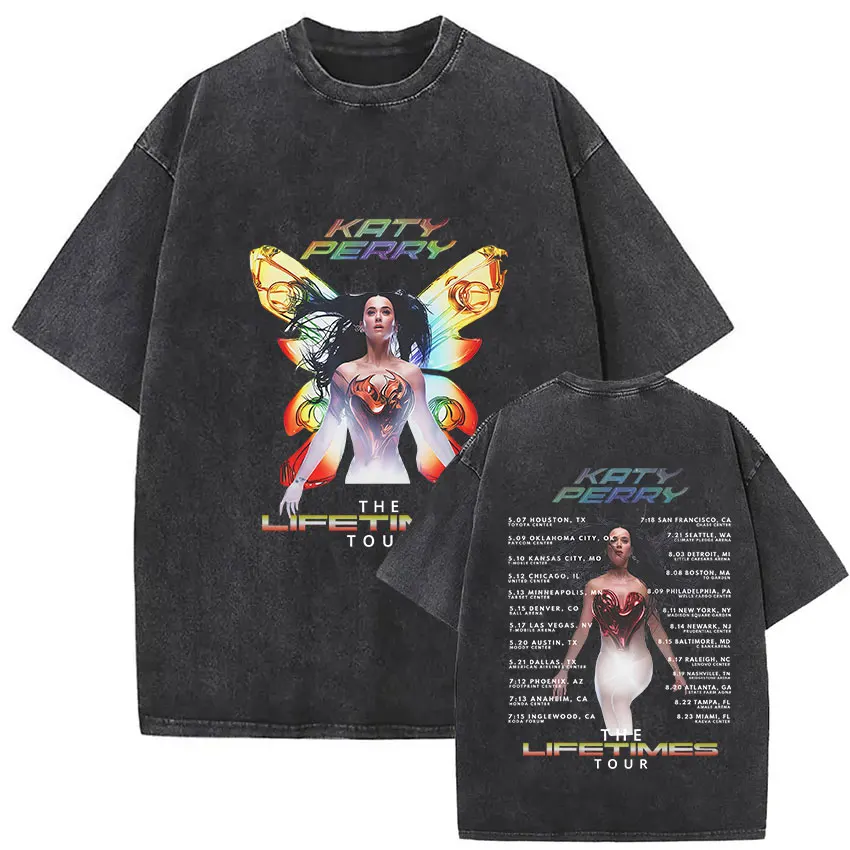 خمر غسلها كاتي بيري 143 جولة الألبوم 2025 المشجعين هدية تي شيرت الرجال النساء الصيف الجمالية قصيرة الأكمام تي شيرت 100% القطن تيز
