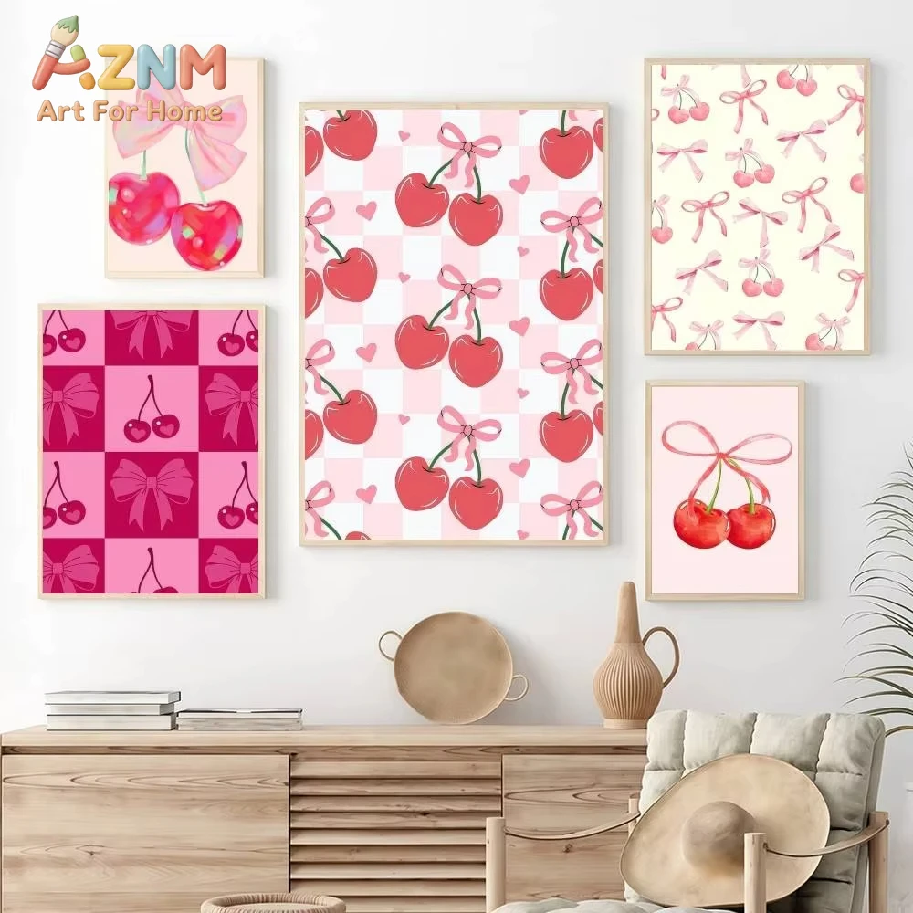 Pink Bow Cherry Poster Stickers Premium Art Print Retro Wall Decor Living Room Bedroom Home Waterproof HD Gifts