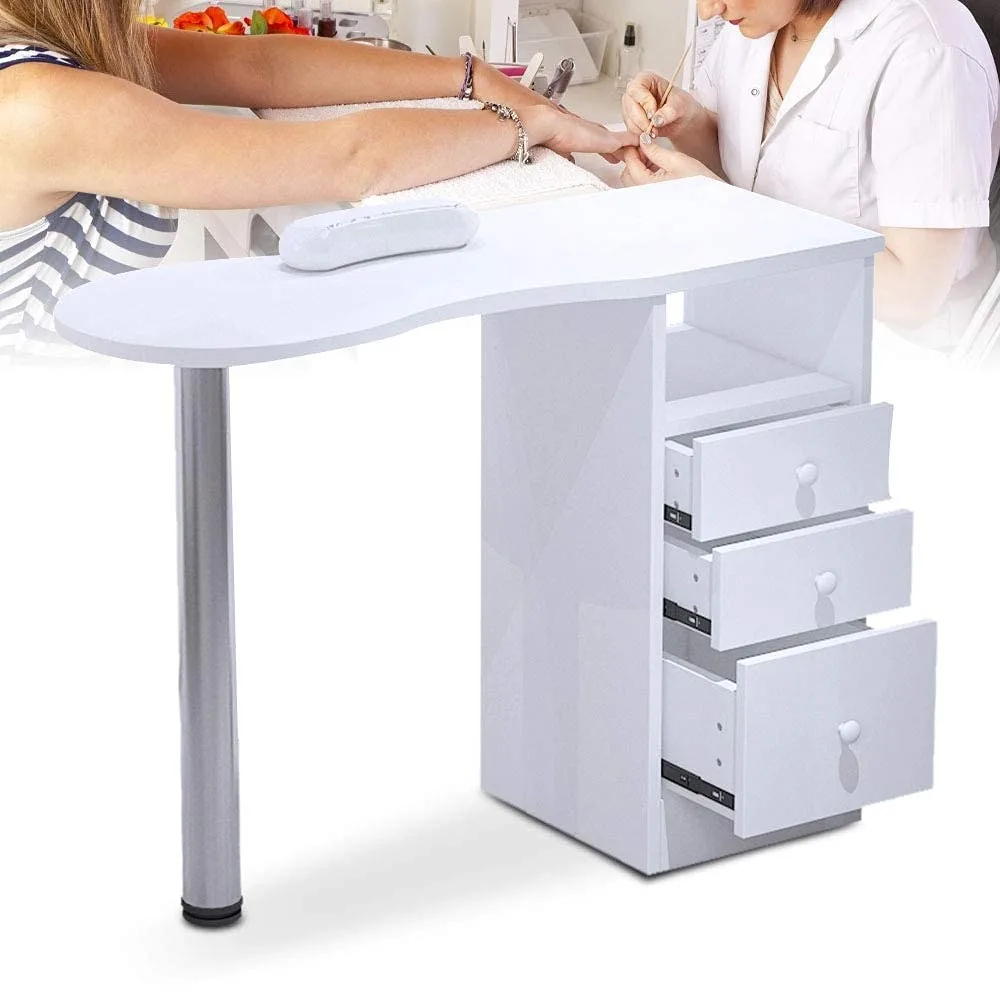 

Manicure Table Salon Nail Table, Acetone Resistant Salon Furniture Equipment w/Single Cabinet, Drawers, Controllable Wheels