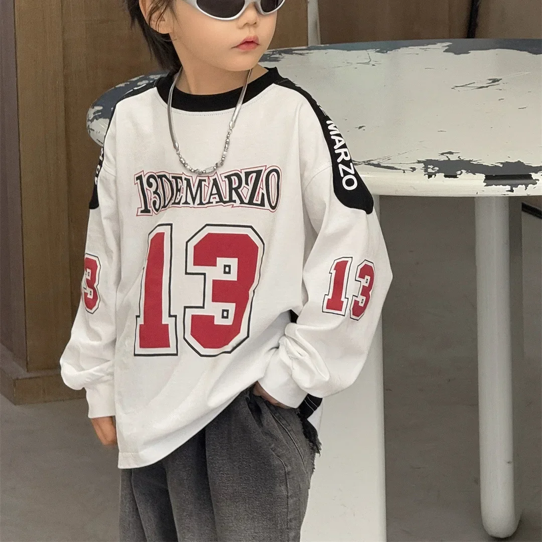 

Children Clothes Boy Fashion T Shirt 2025 Spring New Long-sleeved Pullover Letter Color Contrast Fashionable Kids Handsome Top