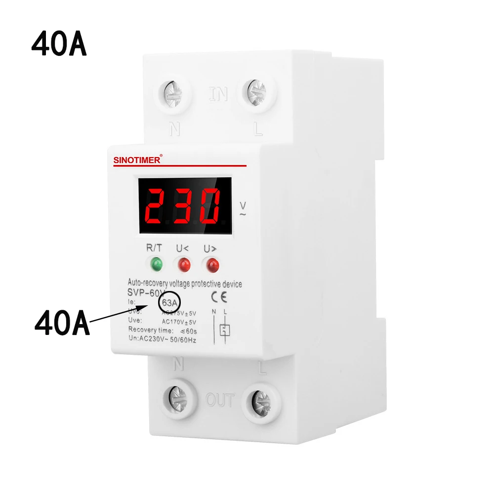 Single-phase LED Display Adjust Voltage Relay Control Over Under Voltage Protector Device 220V 63A 40A Cut Off Power Regulator