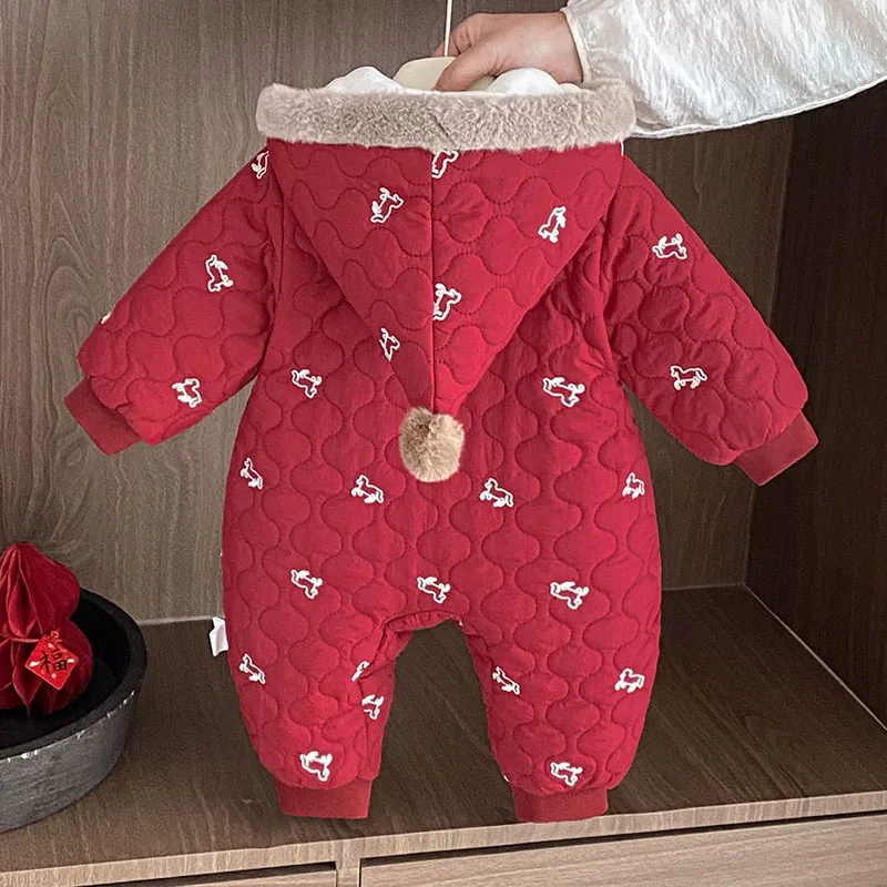 Winter Toddler Girl Clothes Chinese New Year Cartoon Horse Cute Print Red Hooded Fleece Warm Thick Jumpsuits Baby Romper B373