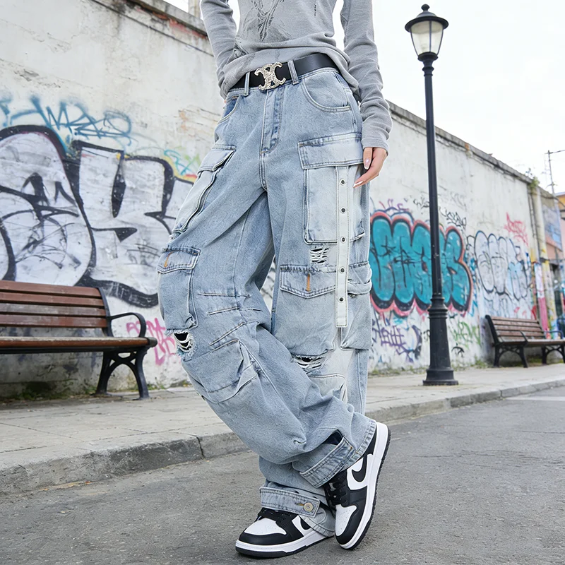 PBAP Destroyed Women Cargo Jeans Boyfriend Multi-pocket Light Wash High Rise Loose Casual Wide Leg Pants Retro Hiphop Streetwear