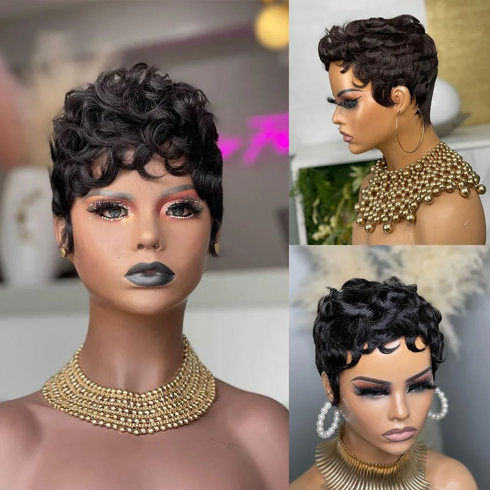 Pelucas de cabello humano sin pegamento para mujer negra, pelo ondulado al agua, Borgoña oscuro, hecho a máquina, corte Bob Pixie, liquidación, a la venta