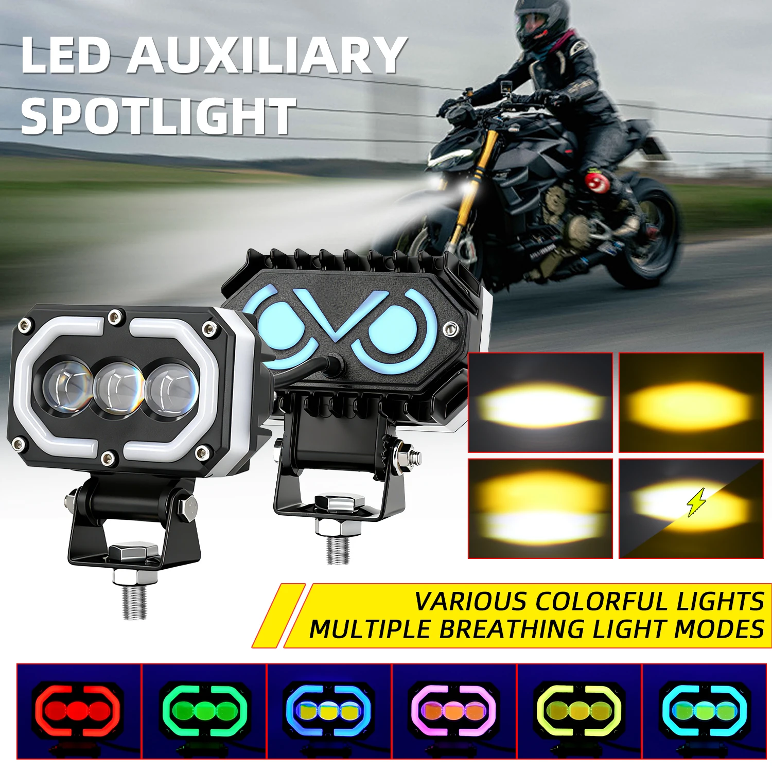 LED Motorcycle LED Spot Light RGB Dual Color Hi/Low Beam Fog Lamps for Car Trucks SUV UTV 12V 80V Lens Headlight Driving Light