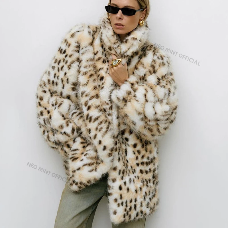 Neo Mint Exclusive Long Brown Leopard Fox Fur Coat Women Winter 2024 New Luxury Hot Brand Fashion Girls Faux Fur Jacket Overcoat