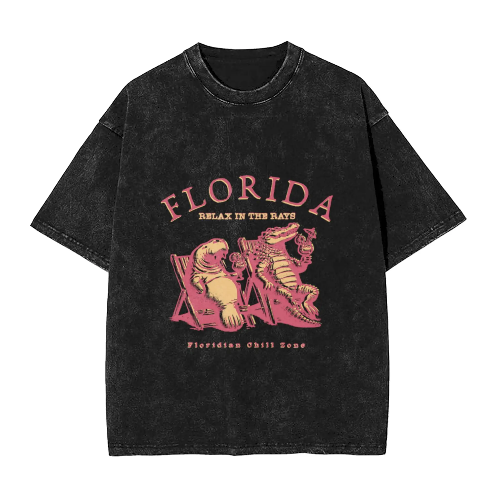 Florida Manatee and Alligator Relaxing Illustration Classic Trendy A Vintage Oversized Cotton Unisex T-Shirts