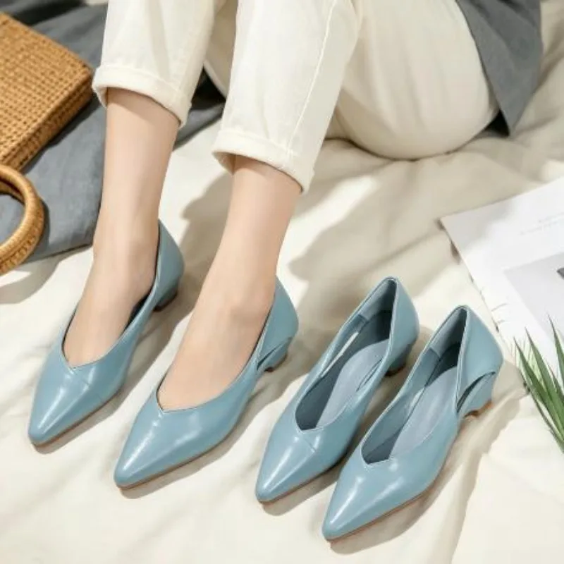 

2026 Shoes for Woman Comfortable Women's Summer Footwear Moccasins Blue Low Heel Elegant Pointed Toe High Quality Popular Heels