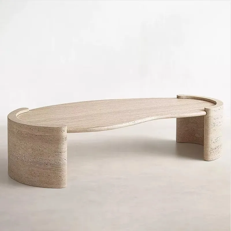 طاولة قهوة من الرخام الترافرتين الاسكندنافي Wabi-Sabi بحجم قابل للتخصيص طاولة زاوية مستديرة لأثاث المنزل في غرفة المعيشة