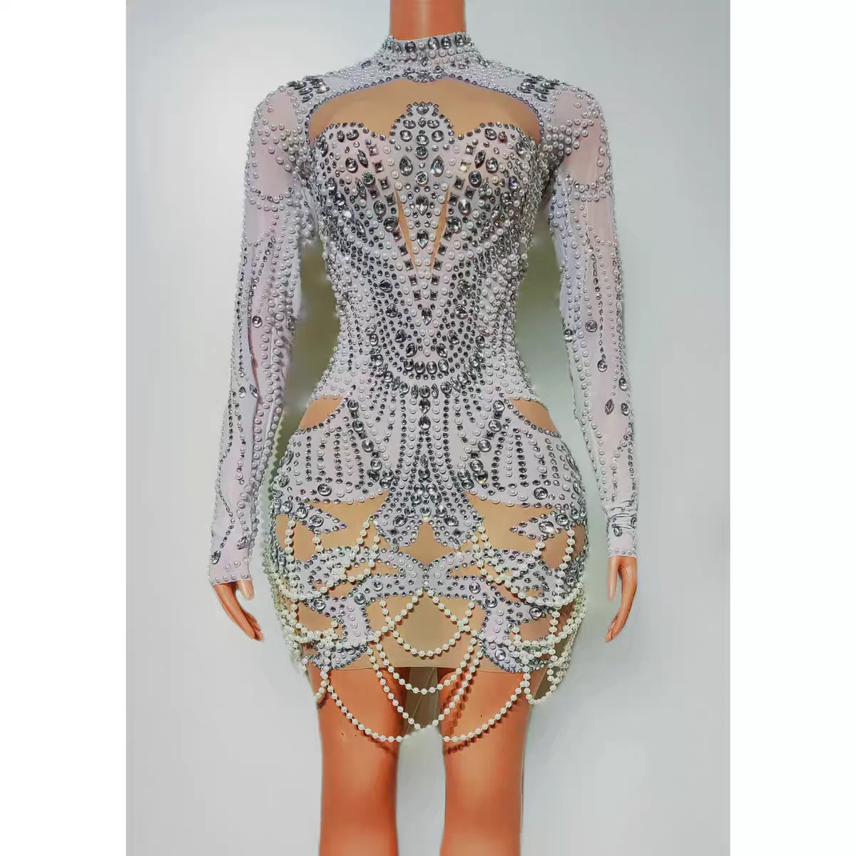 

Nightclub DJ Bar Female Singer Sexy Perspective Mesh Pearl Slimming Skirt Dance Team Performance Theme Show Stage Costume