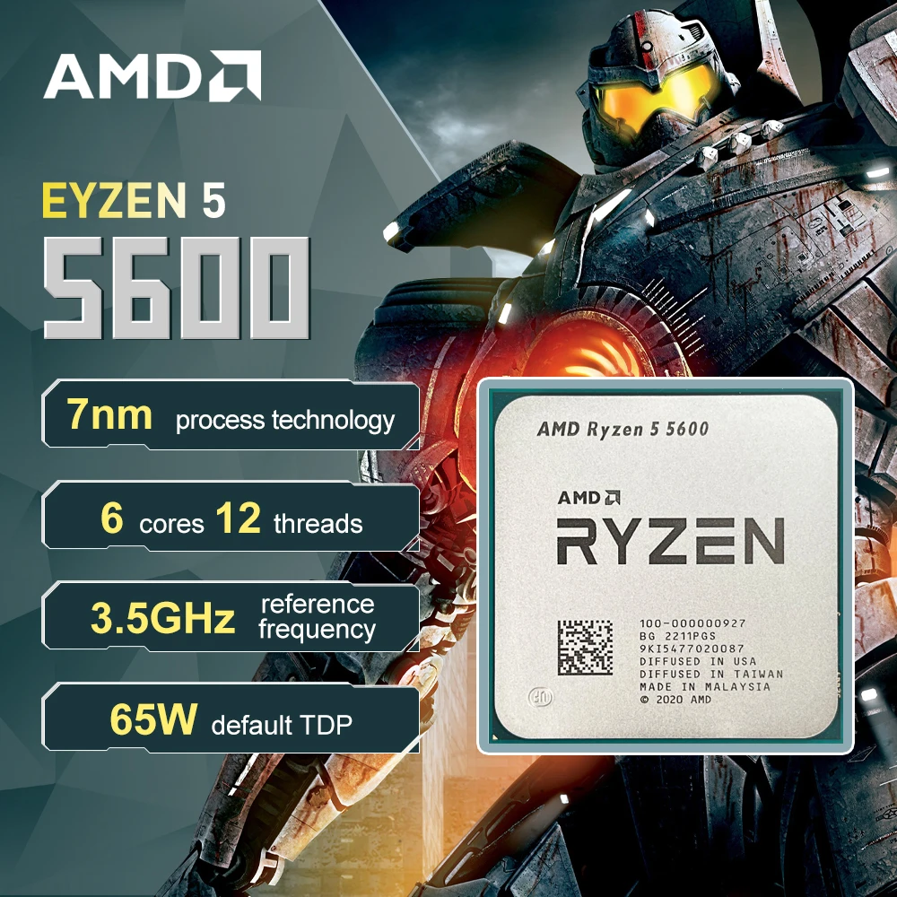 Ryzen 5 5600 6-Core 12-Thread AMD R5 5600  4.4 GHz CPU Processor 7NM L3=32M 100-000000927 Socket AM4 DDR4 New but without cooler