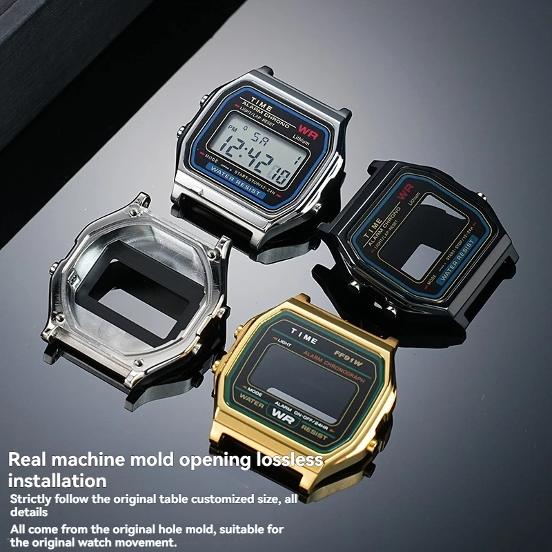 حافظة من الفولاذ المقاوم للصدأ ومجموعة قطع غيار الحركة لساعة كاسيو ريترو المربعة A158/A168/A159WA - ترقية التخصيص للجنسين