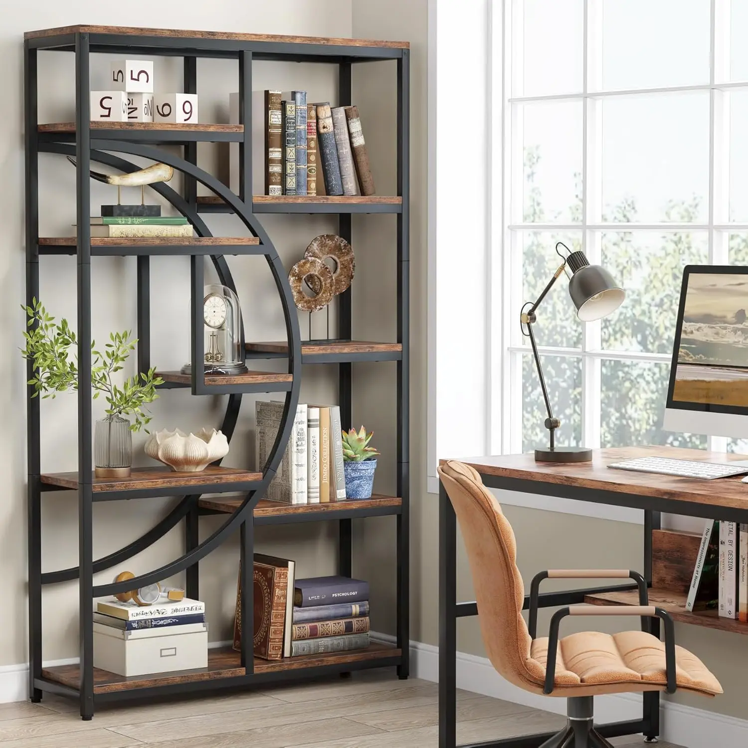 Tribesigns Bookshelf Industrial 5 Tier Etagere Bookcase، أرفف كتب طويلة قائمة بذاتها، منظم تخزين الرف مع 9-Op