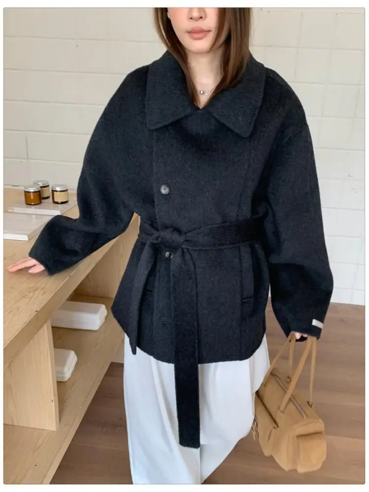 Jaquetas curtas de lã alpaca da senhora 2025 outono e inverno gola único breasted rendas soltas casacos de lã femininos grossos