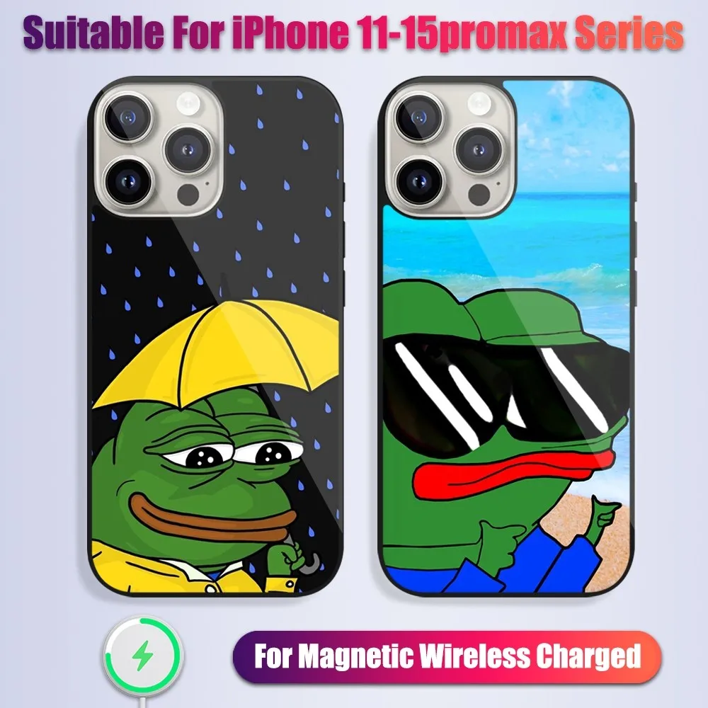 Funny F-Frog Sad P-Pepe Phone Case For iPhone 13 14 15 11 12 Pro Max Plus Glass Charging Magsafe Magnetic Cover