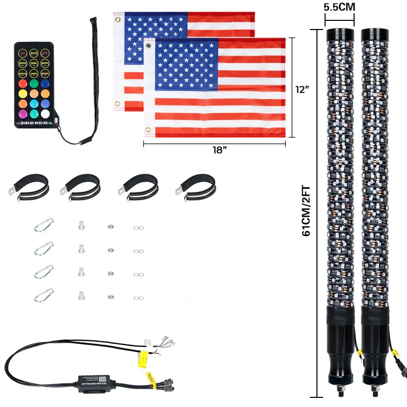 2 uds 2 pies luces LED de látigo en espiral de colores gordos látigos de antena de asta de bandera de Control remoto Bluetooth, para UTV, ATV, todoterreno, camión, RZR