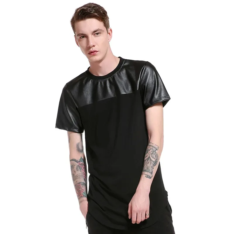 Harajuku Hip-hop T-shirt Men's Patchwork Leather Street Clothing Skateboard Curved Hem Swing Suit