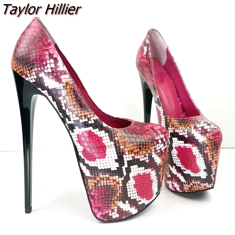 

Pink Snake Pattern Super High-Heeled Water Platform Pumps Round Head Mixed Color Pumps Fashion Stage Nightclub Women'S Shoes