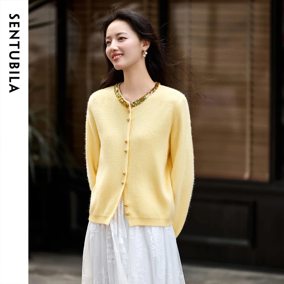 

Женские повседневные кардиганы SENTUBILA 2026: Весенний свитер-жакет с пайетками, однотонный, с длинным рукавом, вязаный топ, женская одежда W54EB3954