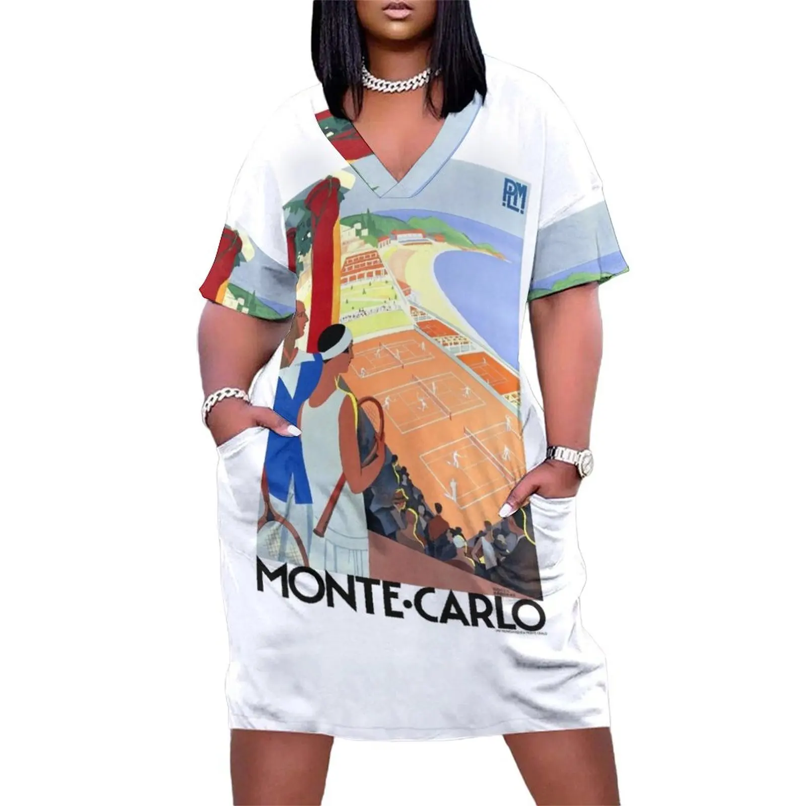 

1930 MONTE CARLO Tennis Monaco Travel Poster Loose Pocket Dress Women's summer suit Woman dresses