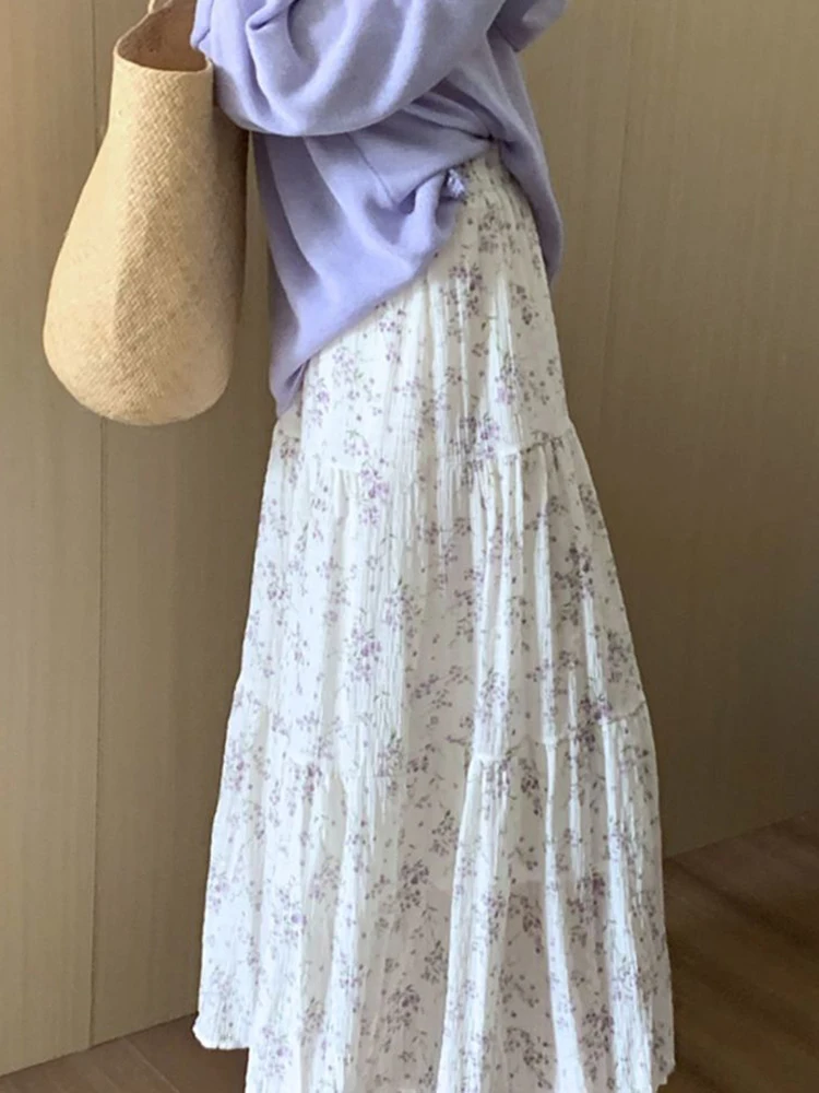 Women Elegant Sweet Floral Long Skirt Loose Fashion High Waist A Line Skirts Summer Chic Preppy Style Female Soft Ins Skirt New