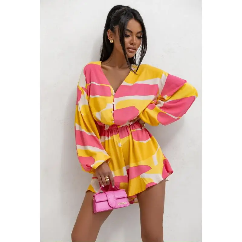 จั๊มสูทผู้หญิงผ้าหนังลายดอกไม้พิมพ์ลาย V-Nesie แขนยาวเอวกลาง สไตล์สตรีท รุ่นใหม่ล่าสุด