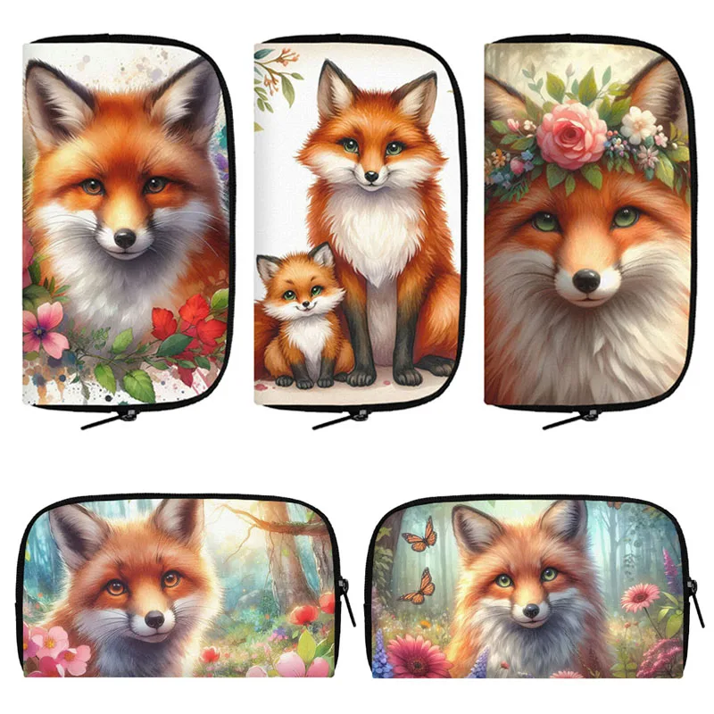 Watercolor Fox Floral Print Wallet Fox Flowers Art Coin Money Bag Phone Credit Card Holder Small Clutch Long Wallet Zipper Pouch