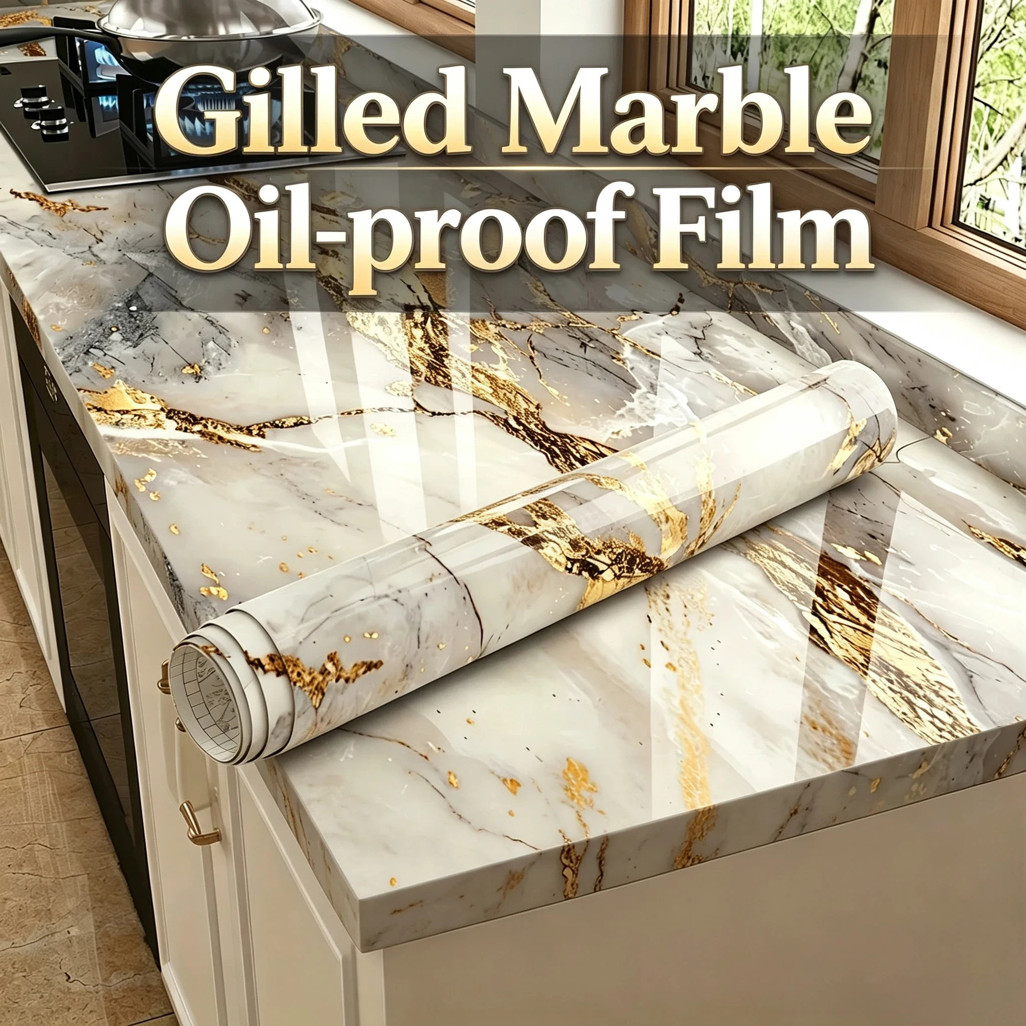 Gold Marble Oil-proof Film Peel&Stick Contact Paper Waterproof Gloss Surface Kitchen Countertop Furniture Renovation Wallpaper.