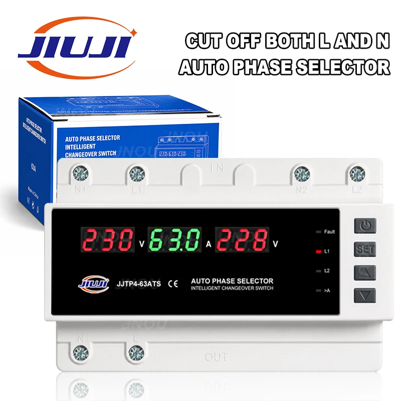 2 Way Auto Phase Selector ATS Dual Power Transfer Switch L N Double Break OVP UVP OCP 63A 230V Automatic Changeover