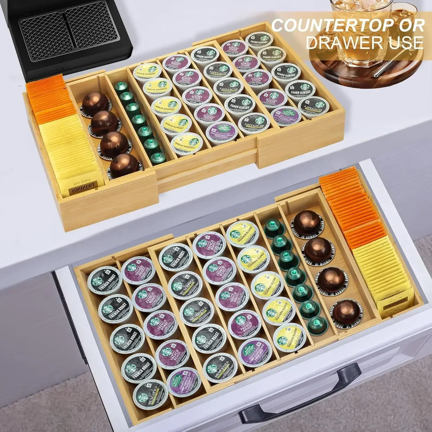 

Держатель для кофейных капсул K-Cup для ящика или столешницы, расширяемый органайзер для хранения кофейных капсул K-Cup и чайных пакетиков (Хит продаж)