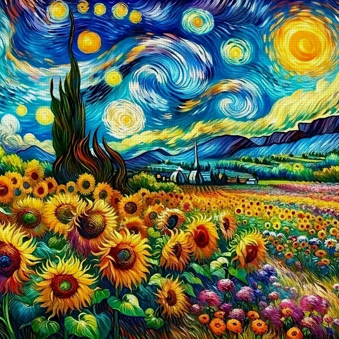 Van Gogh's Bloom Kreuzstich-Set zum Selbermachen, 11CT-Stickerei, Heimwanddekoration, Geschenk, handgefertigtes Material, rahmenlos, halbfertig, 36 x 36 cm