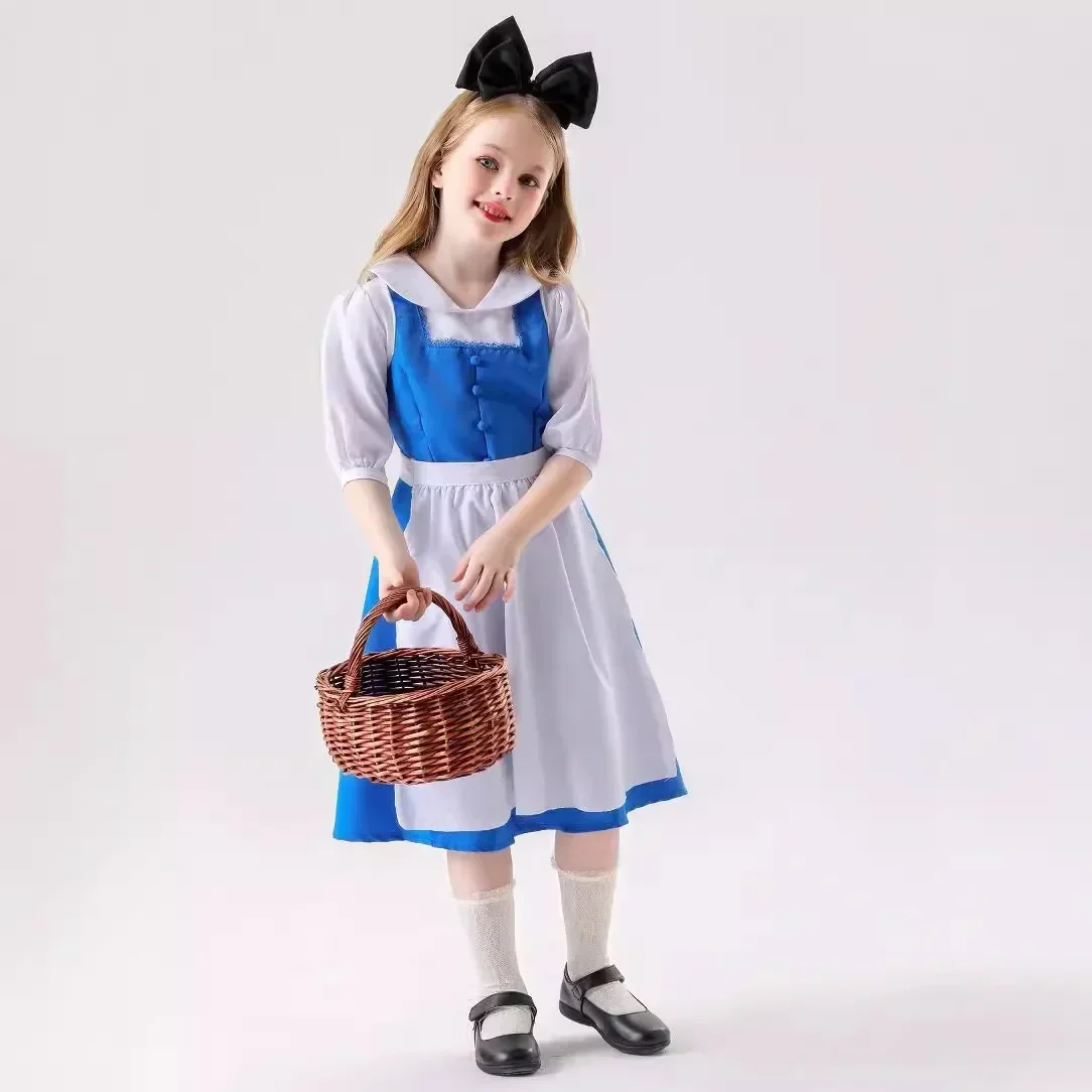 Halloween azul criança vestido de princesa cosplay alice no país das maravilhas traje para meninas lolita empregada festa fantasia vestir-se conjunto