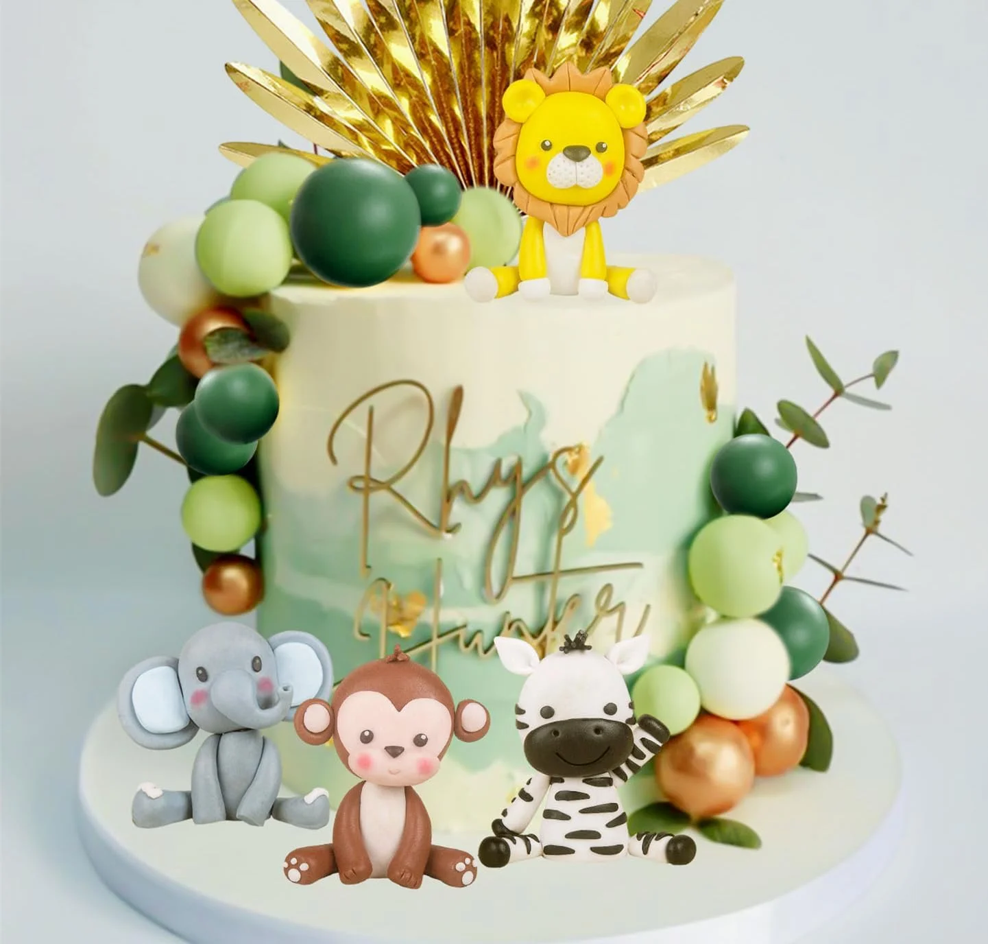 19pcs Elephant Lion Monkey Zebra Cake Topper Green Gold Cake topper Balls for Jungle Theme Birthday Party Baby Shower Decoration - view 3