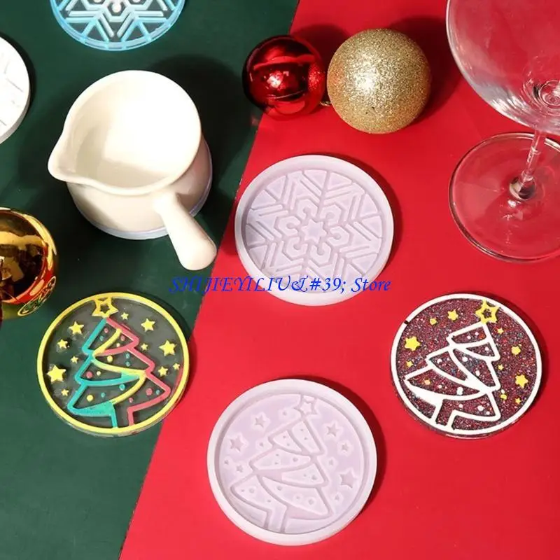 E21F Multifunction Resin Mold Novelty-Snowflake Cup Mat Silicone Mold Xmas-Tree Epoxy Resin Mould Table-Decor