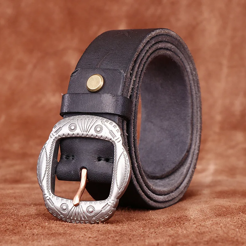 Retro laser engraving personality trend men's leather belt fashion casual versatile first layer cowhide belt men's model