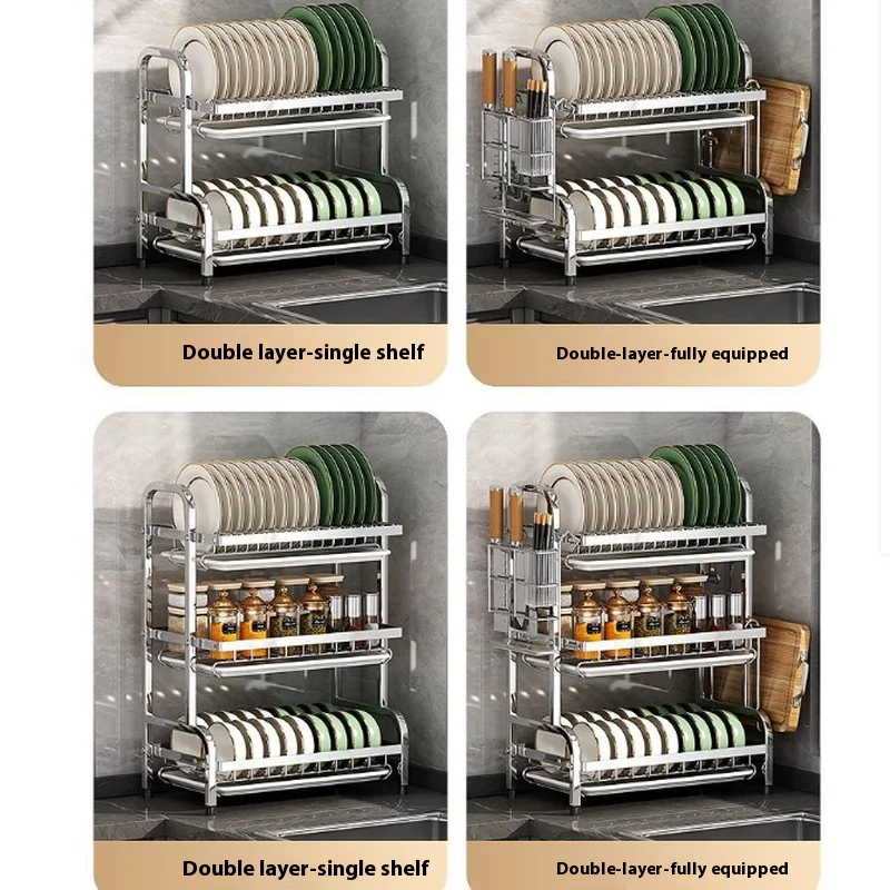 متوفر في المخزون 304 رف تخزين المطبخ من الفولاذ المقاوم للصدأ ورف الصرف رف وعاء متعدد الوظائف وعاء تخزين عيدان تناول الطعام