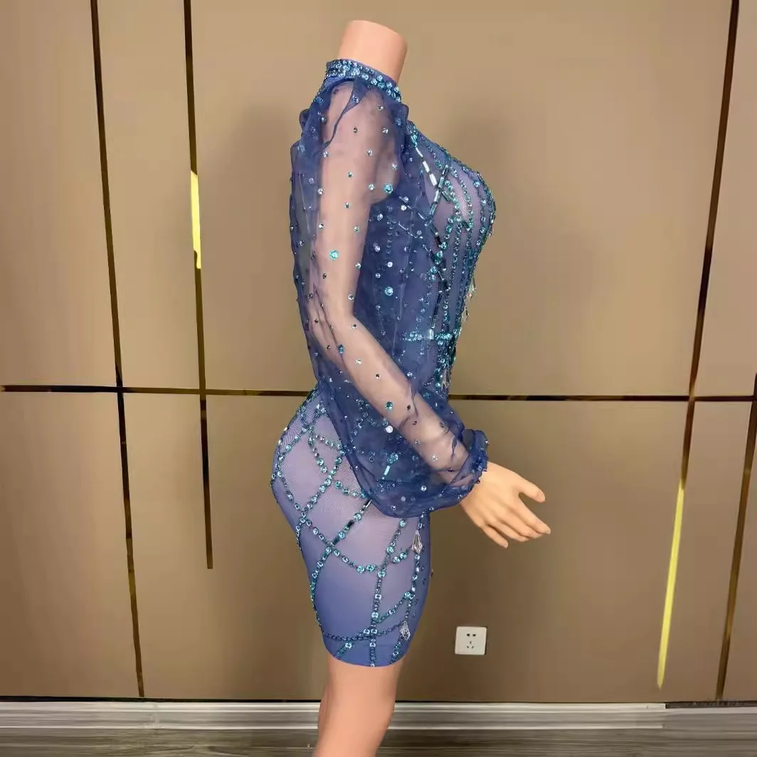 ประสิทธิภาพสีฟ้า Rhinestone แขนฟองชุดไนท์คลับปาร์ตี้ Vestido De Fiesta Grad Kleider สําหรับรองรับ