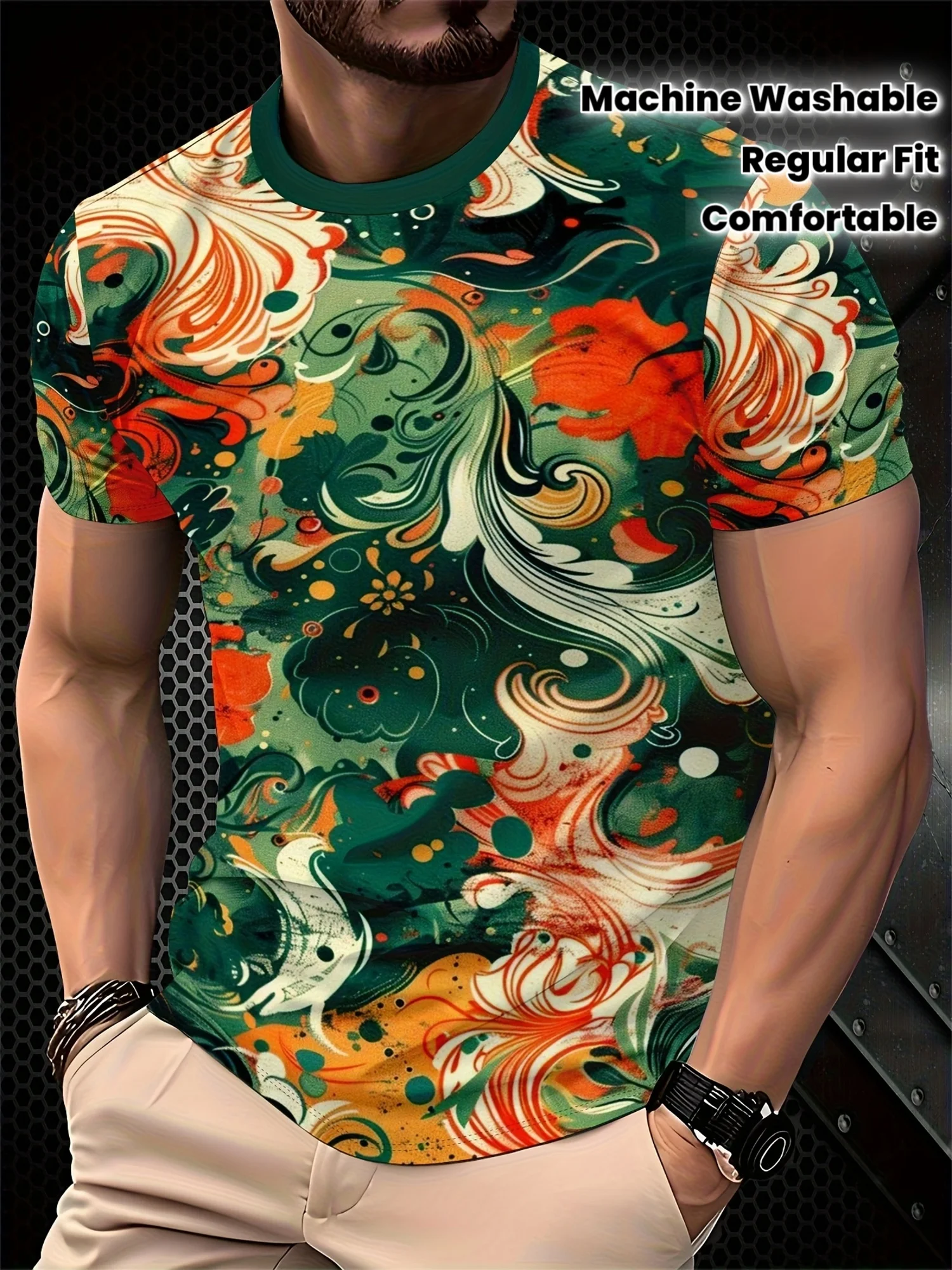 Men's Crew Neck Tee 3D Green Orange White Abstract Floral Swirl Ink Splash Full Print Comfort Casual Short Sleeve Tops