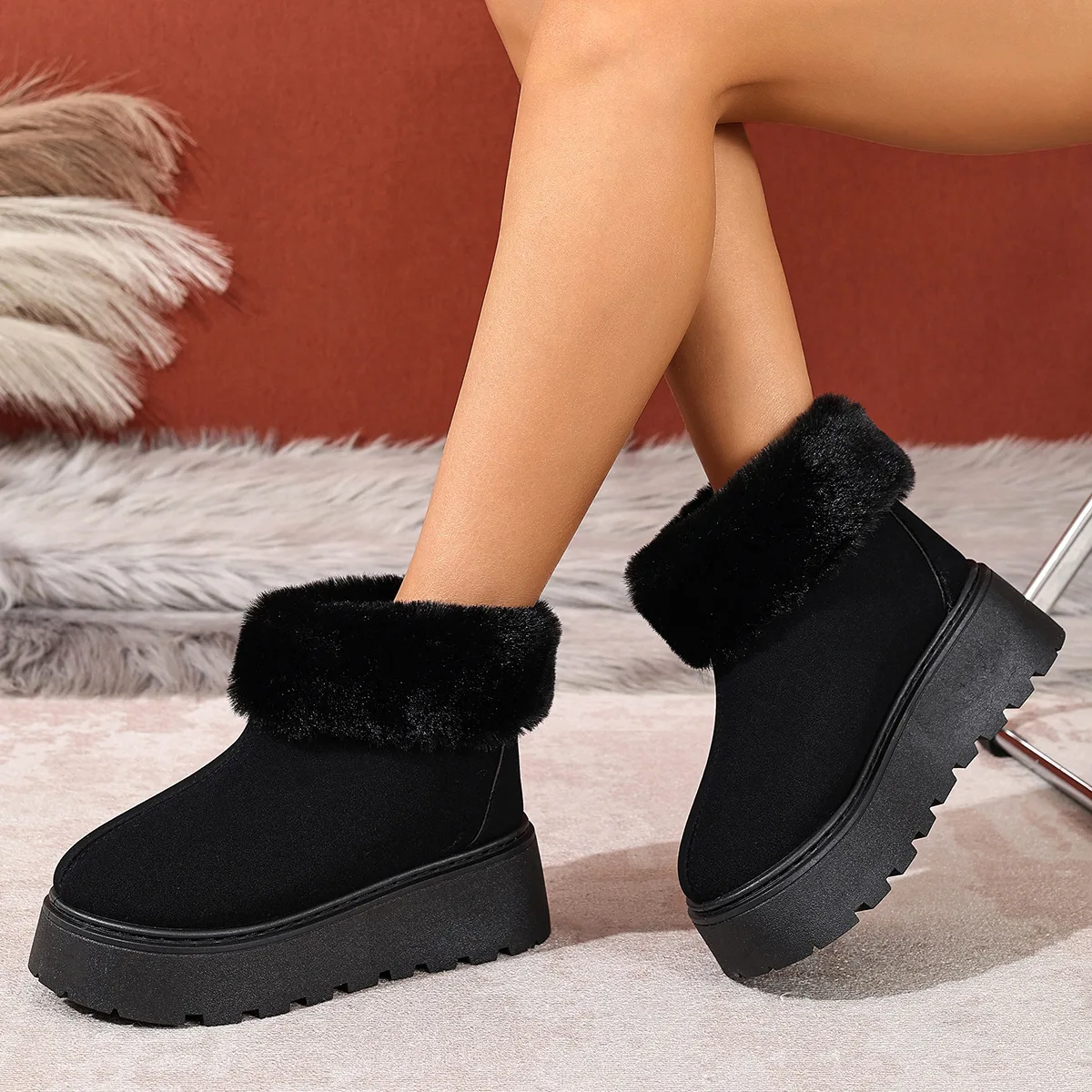 

Новые модные замшевые бархатные теплые повседневные зимние ботинки с круглым носком, зимние нескользящие прогулочные ботинки большого размера на толстой подошве для женщин