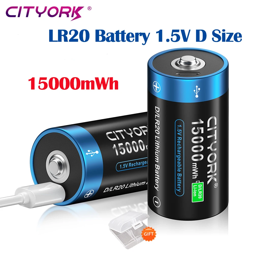 CITYORK 1.5V LR20 Akumulatory 15000mWh R20 Rozmiar D USB Bateria Li-ion do Kuchenki Gazowej, Kamery RC, Akcesoriów do Drona LR 20