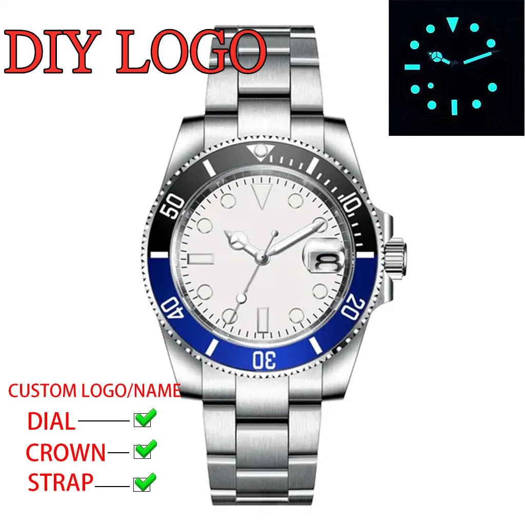 

Часы DIY NH35 36/40 мм, серебряный корпус, роскошное сапфировое стекло, асептический циферблат, двухцветное керамическое кольцо, светящиеся в темноте, модные часы.